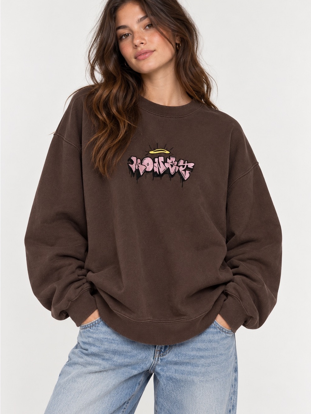 Monet Brown Graffiti Graphic Crewneck Sweatshirt Size XL Oversized